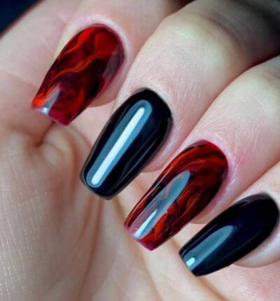 Bold Black and Red Marble Nails