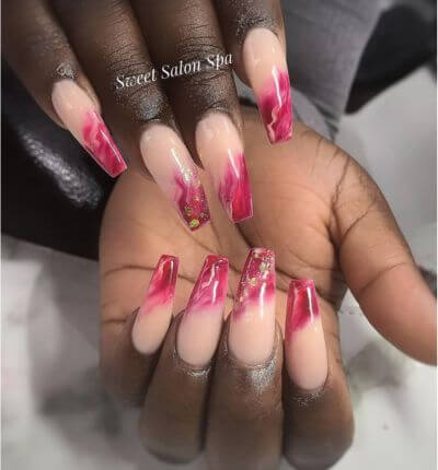 Pink and Red Combo Marble Nails 