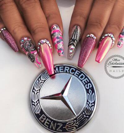 Mercedes Coffin Nails with Gorgeous Bling