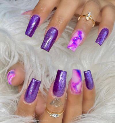 Purple Nails with Pink Marble Ring Fingers